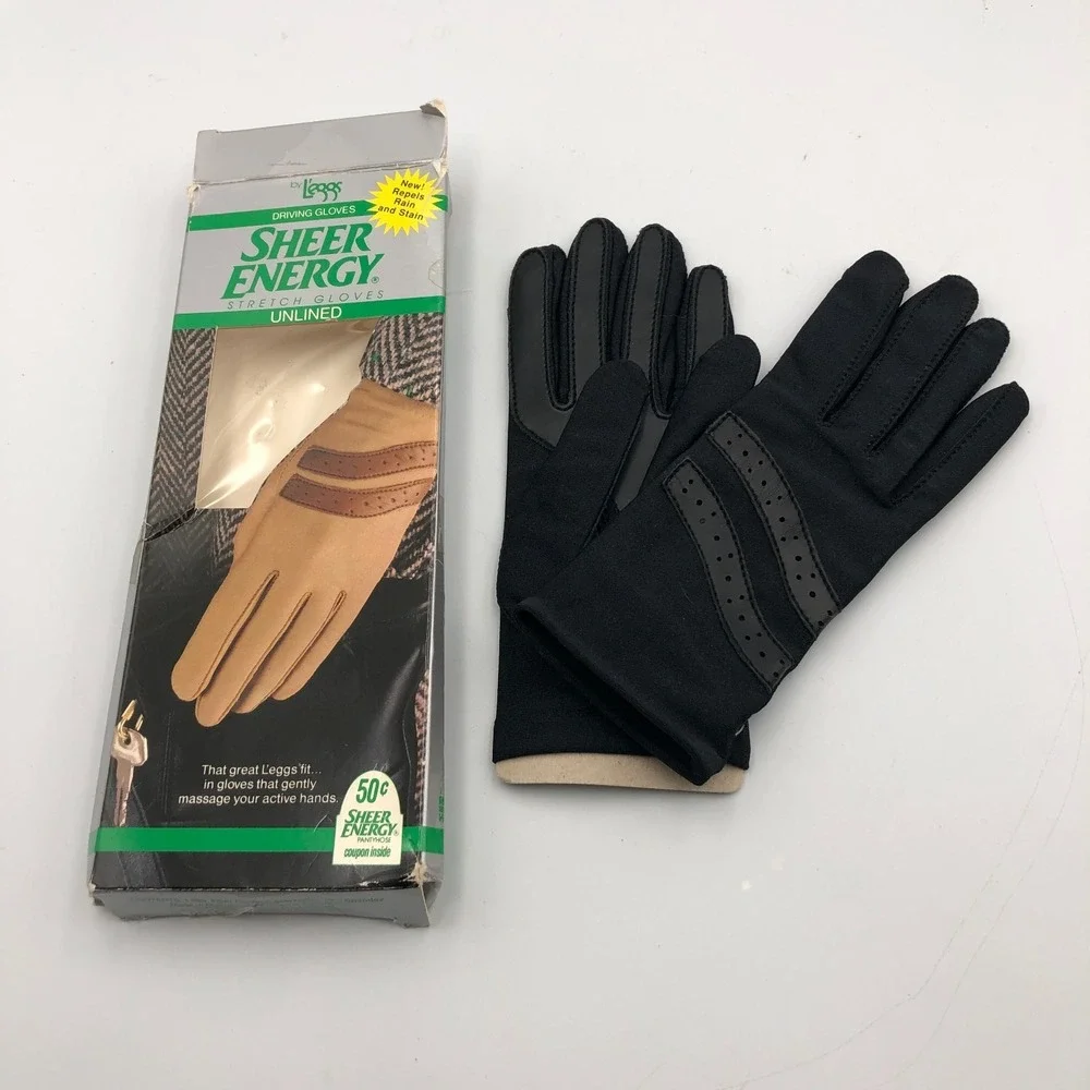 Vintage‎ Legg's Sheer Energy Stretch Black Driving Gloves Unlined One Size 1990